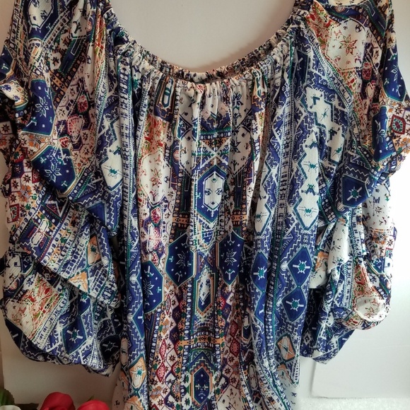 KAS Designs Off- the -Shoulder Top Blue White Multi Blouse Ruffle BuffoonSleeves - Picture 2 of 10